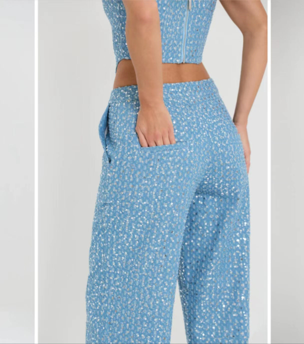 Two piece blue shiny trousers set A8586