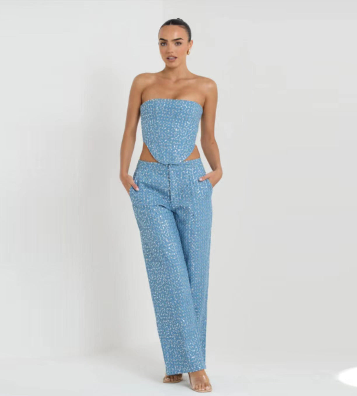 Two piece blue shiny trousers set A8586