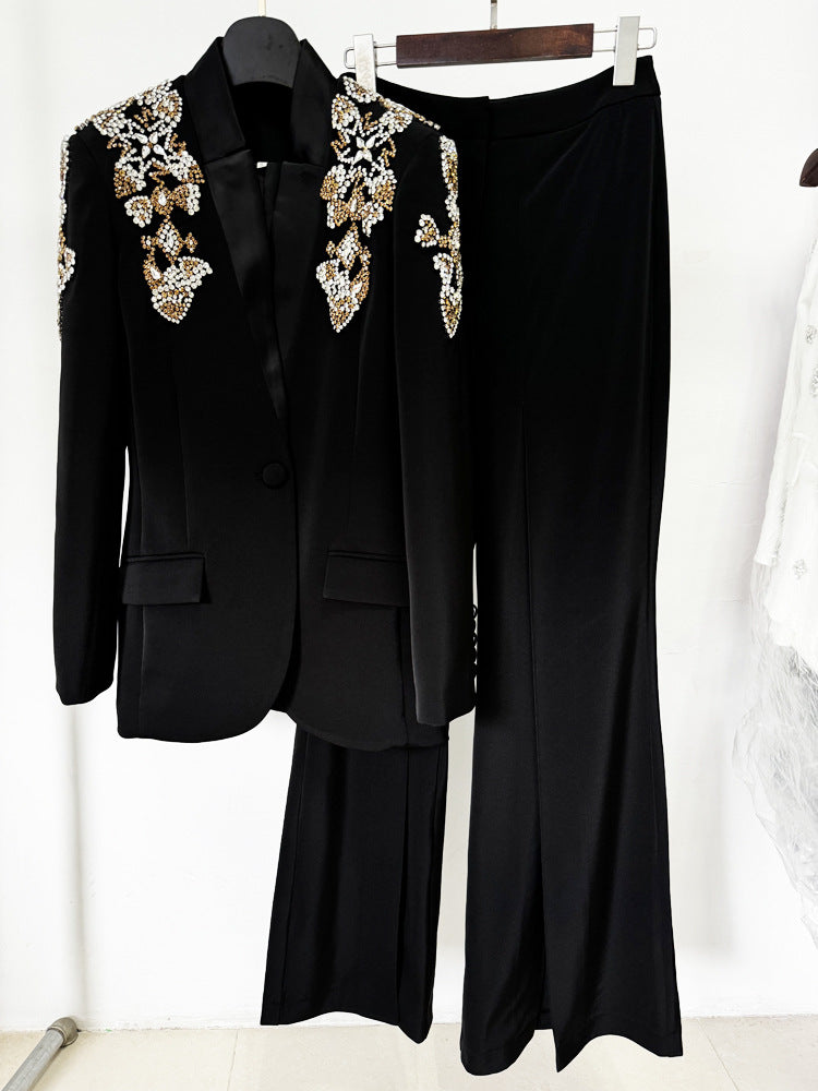 Two piece black silk blazer shiny A9218