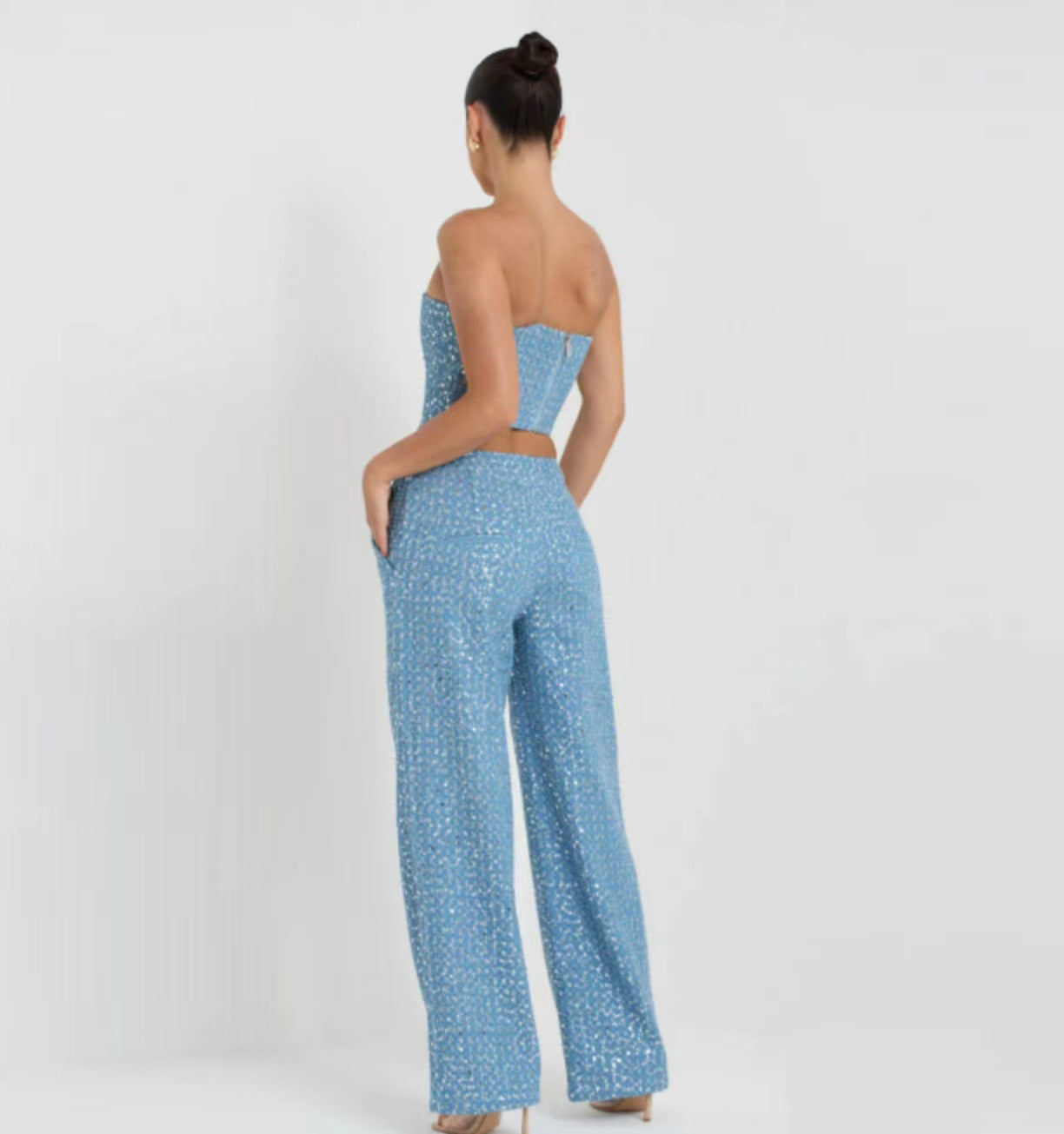 Two piece blue shiny trousers set A8586