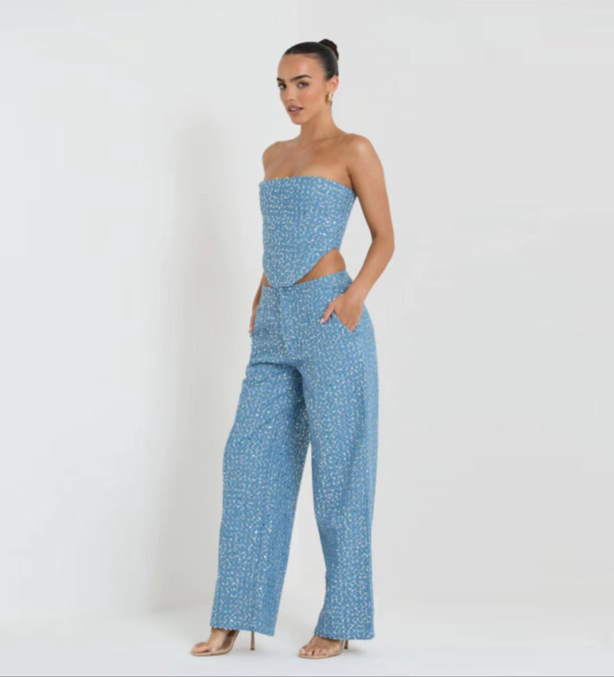 Two piece blue shiny trousers set A8586