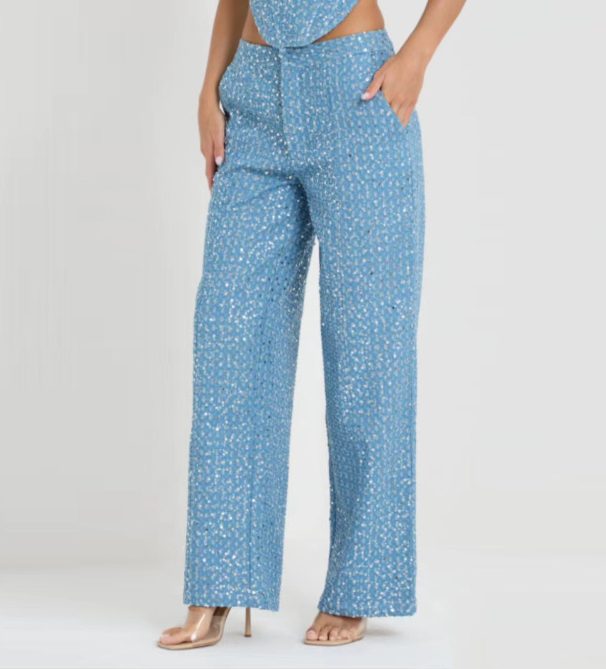 Two piece blue shiny trousers set A8586