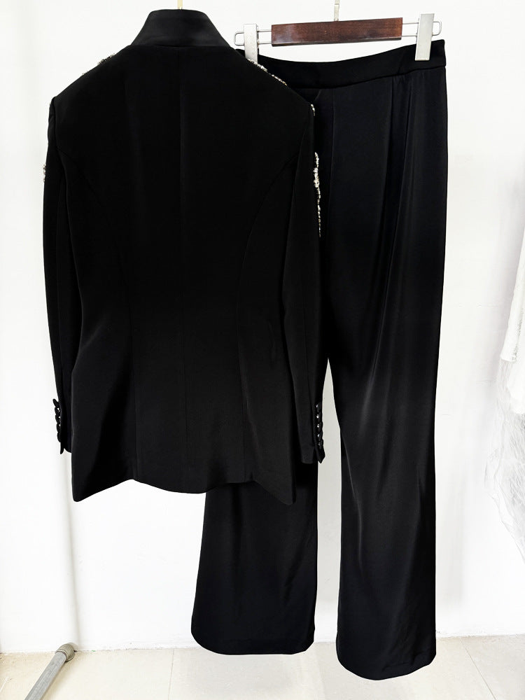 Two piece black silk blazer shiny A9218