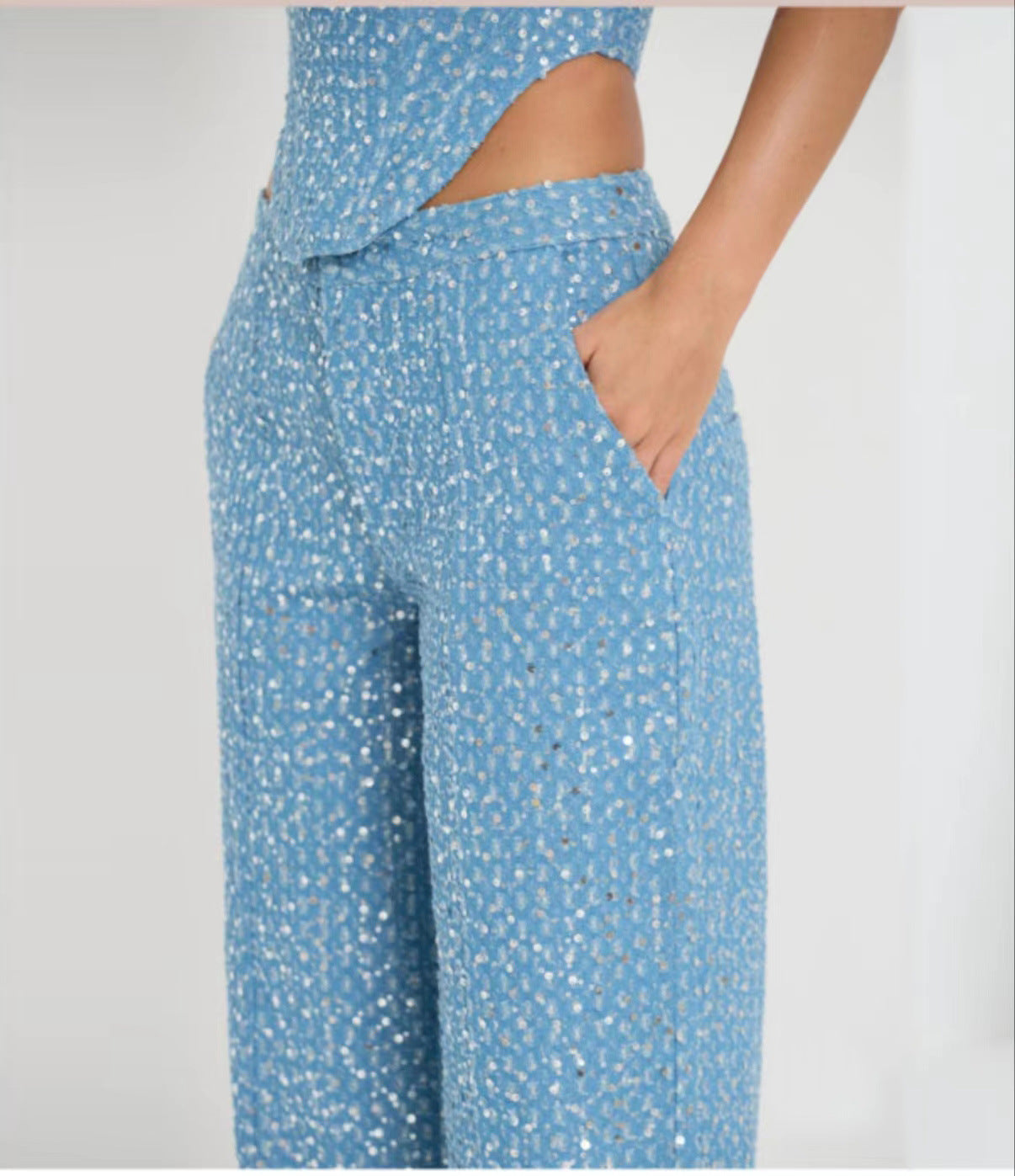 Two piece blue shiny trousers set A8586